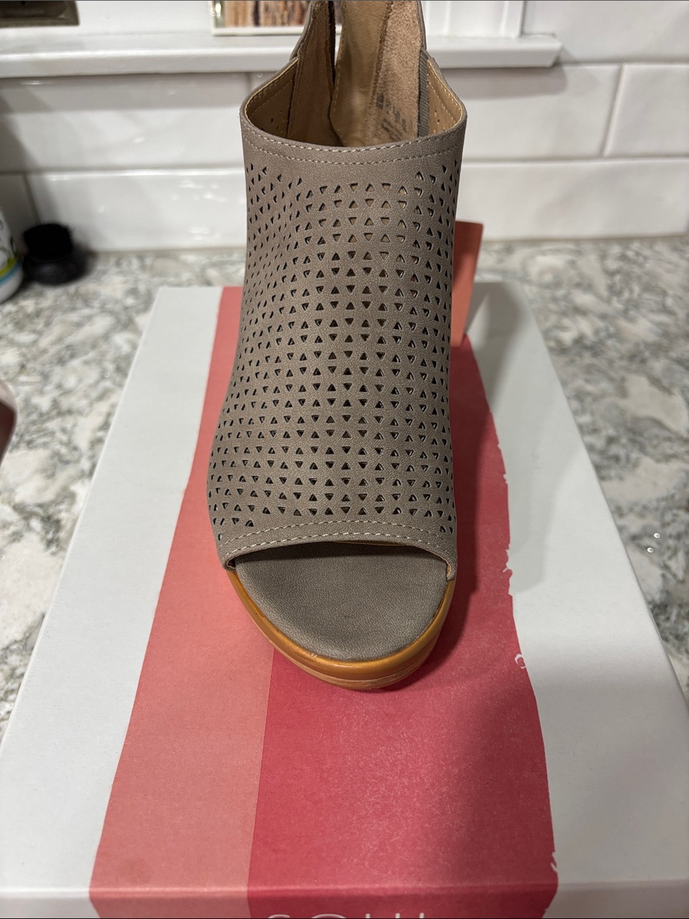 SOUL Naturalizer Taupe Perforated Wedge Bootie with Wood-Look Heel - Picture 2 of 5